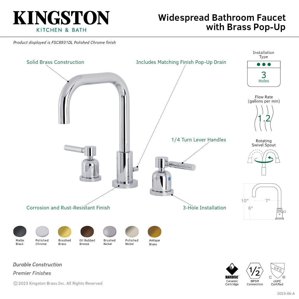 Kingston Sona FSC893DLAB - Concord Widespread Bathroom Faucet with Brass Pop-Up, Antique Brass — thumbnail 2